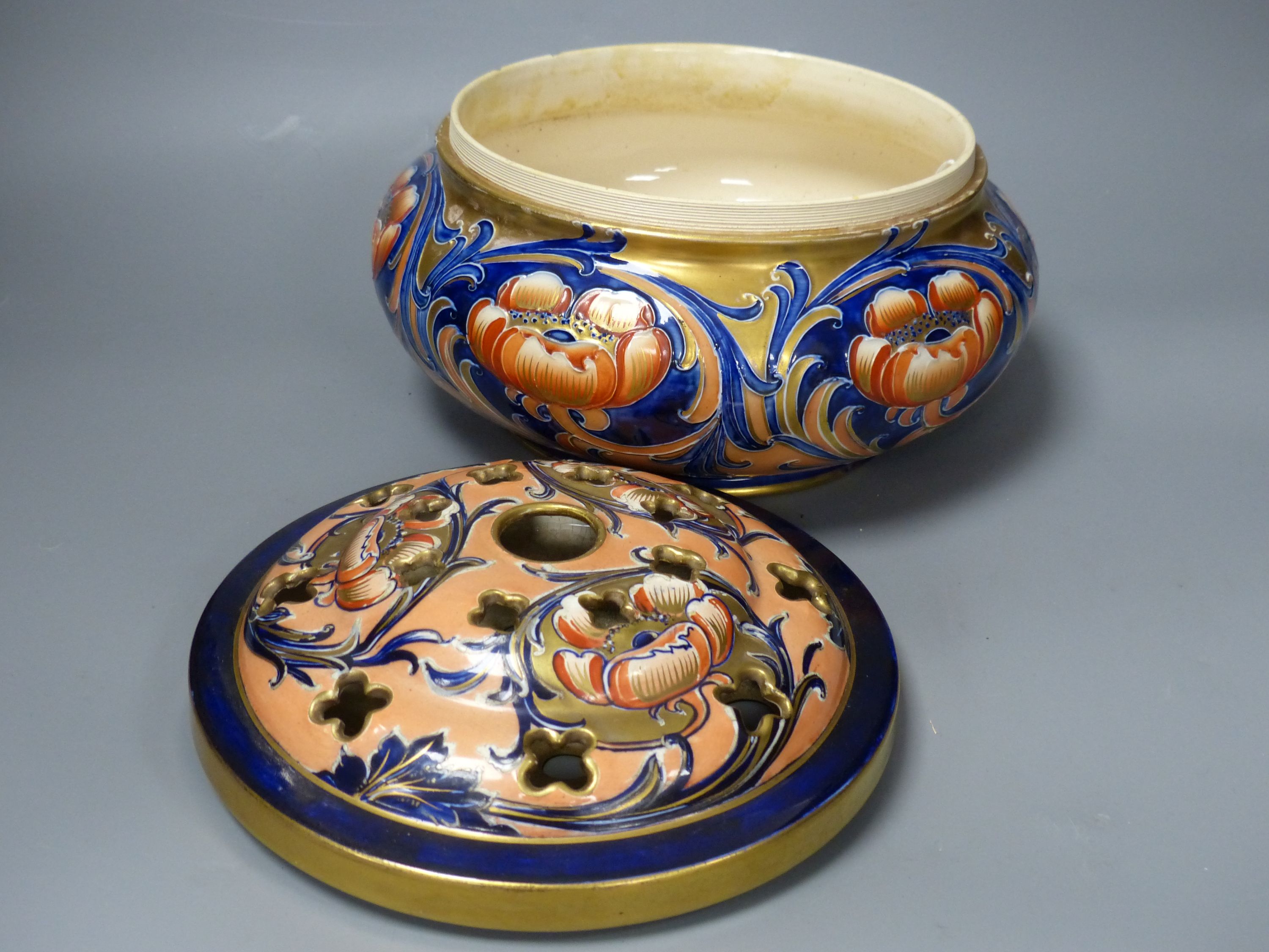 A large Macintyre Florian ware poppy pot pourri bowl and cover, c.1904-1913, no Moorcroft signature, Dia approx 24cm